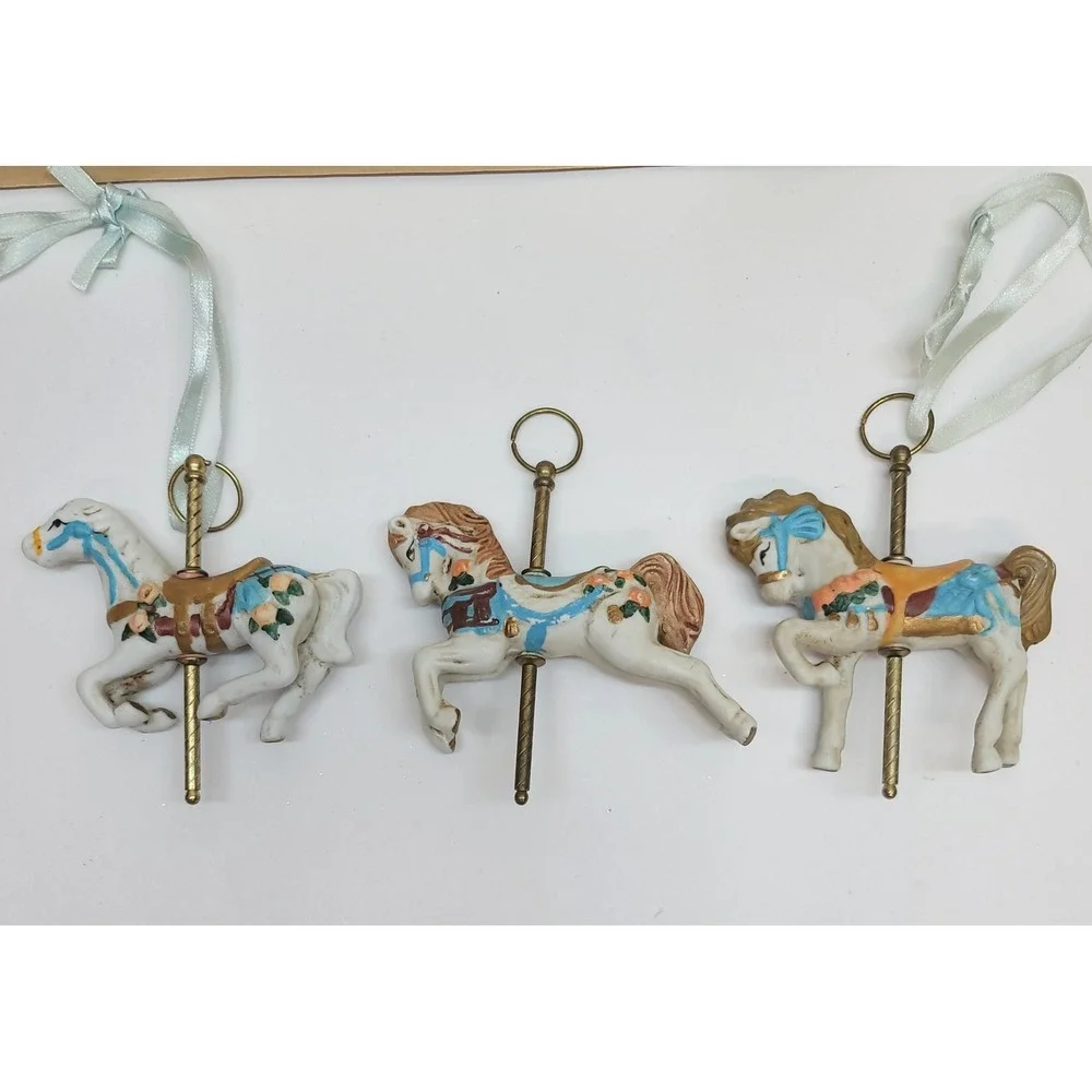 Vintage Ceramic Carousel Horse Ornaments Set of 3 Hand Painted Pastel Gold 4in
